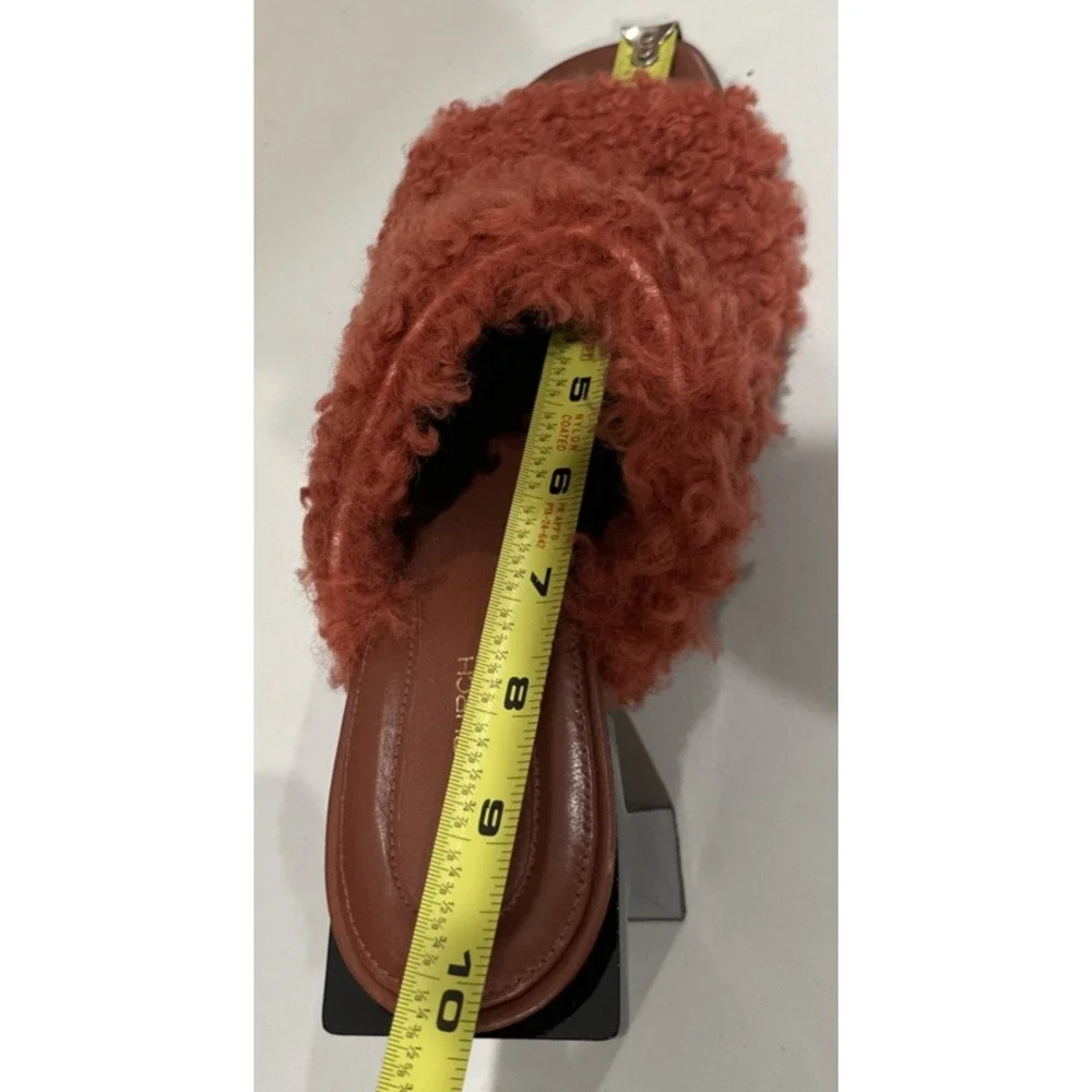 Tory Birch Size 10M Block T Heel Mule Kaku Shearling Sandal 80mm Smoked Paprika